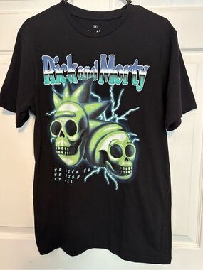 Black Graphic Tee with Neon Green and Blue Rick and Morty Skulls